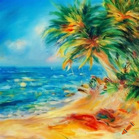 Colorful Tropical Beach In A 1960s Renoir Art Style On Craiyon