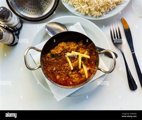 Traditional Indian Lamb Karahi Curry White Ginger And Rice Stock Photo