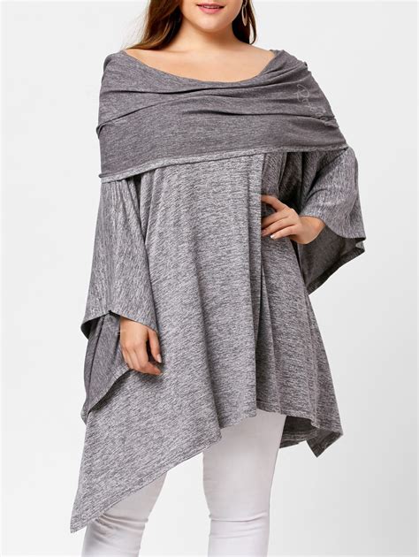 2018 OFF Shoulder Plus Size Asymmetric Tunic Top In Gray One Size