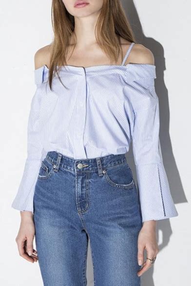 Sexy Off The Shoulder Long Bell Sleeve Button Down Shirt Top