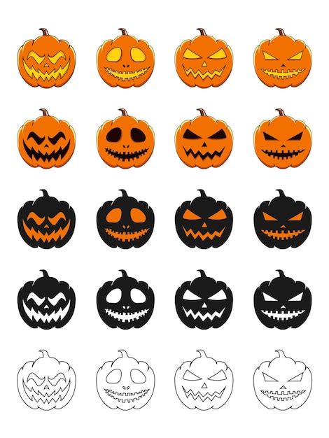 Premium Vector Set Of Orange Halloween Pumpkin With Scary Smile For