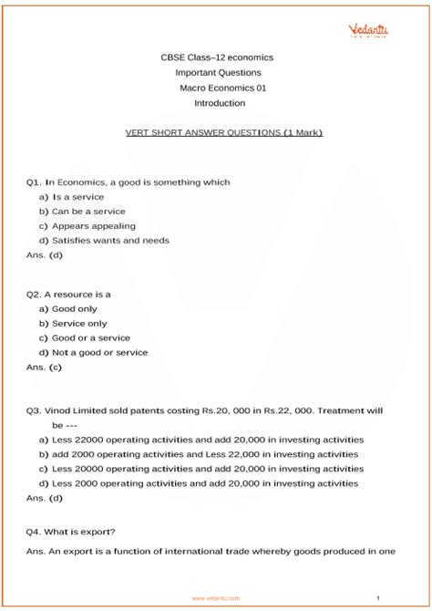 Important Questions For Cbse Class Macro Economics Chapter