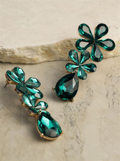 YouBella Green Gold Plated Stone Studded Floral Drop Earrings