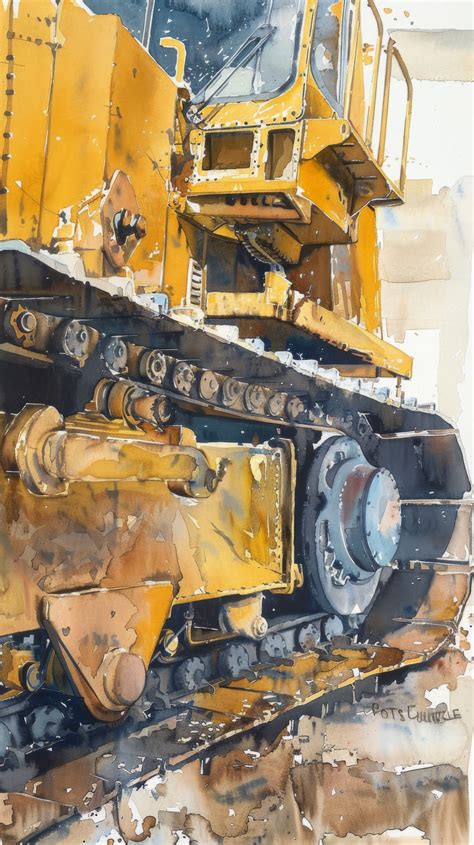 Yellow Bulldozer Painting Construction Equipment Artwork Watercolor