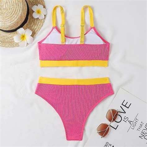 Women Holiday Summer Colourblock Ribbed Bikini Swimwear Padded Swimsuit Bathing Suit Beachwear