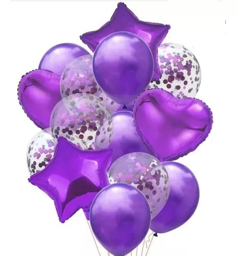 Balão Bexiga Buque 14 Peças Violeta Confete Metalizado