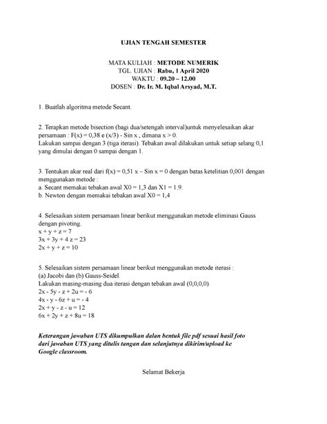 Uts Metode Numerik Ujian Tengah Semester Mata Kuliah Metode Numerik