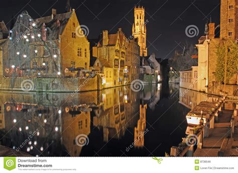 Brugge Downtown Canal at Night Stock Photo - Image of city, buildings ...