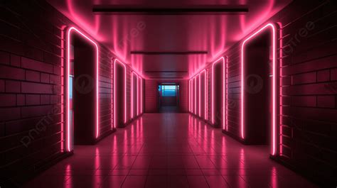 Pink Neon Lights Illuminate A 3d Rendered Corridor Background Neon