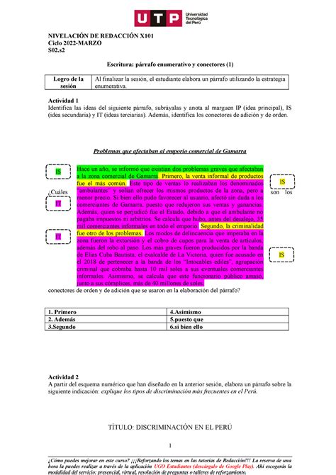 S02 s2 Párrafo enumerativo material de actividades NIVELACIÓN DE