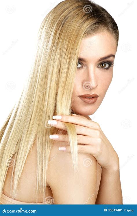 Beautiful Model Showing Her Perfect Blonde Straight Hair Stock Image Image Of Cosmetic