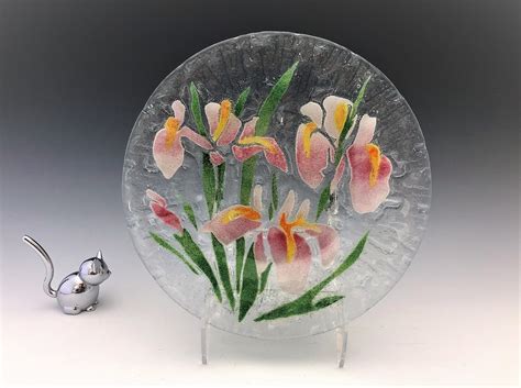 Vintage Sydenstriker Art Glass Plate Fused Glass Plate With Flowers Iris Plate