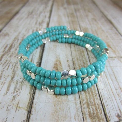 Turquoise Memory Wire Bracelet Beaded Wrap Bracelet Seed Bead Bangle Southwest Turquoise