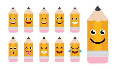 Cute Cartoon Happy Yellow Pencil Set. Back To School Clipart. Emoji ...