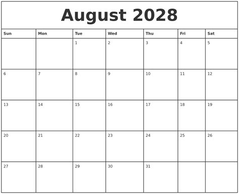 August 2028 Printable Monthly Calendar