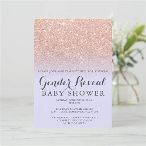 Rose Gold Glitter Lavender Gender Reveal Baby Invitation Zazzle