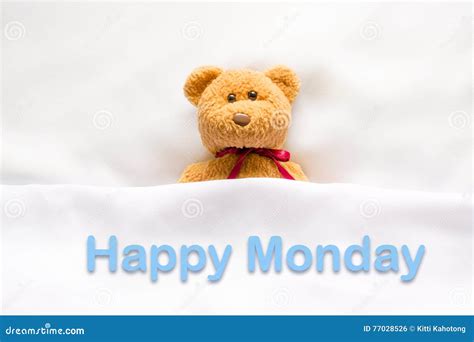 Teddy Bear Lying In The White Bed With Message Happy Monday Stock