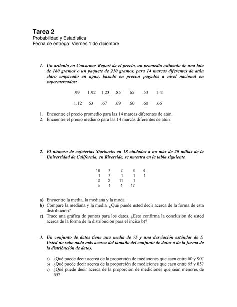 Tarea Tarea Probabilidad Y Estad Stica Fecha De Entrega Viernes