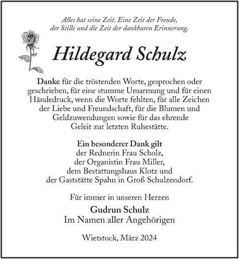 Traueranzeigen Von Hildegard Schulz Trauer Anzeigen De