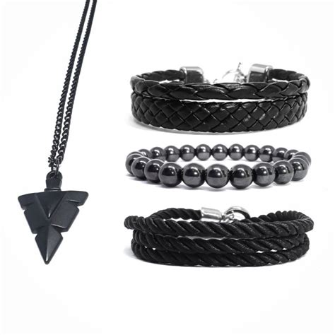 Kit 3 Pulseiras Masculinas De Couro Corda E Hematita Colar De