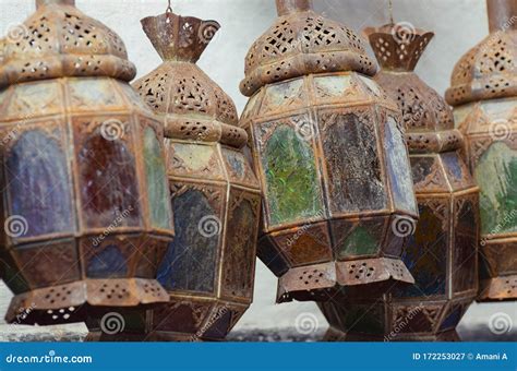 Dusty Colourful Glass And Metal Lanterns In A Market In Marrakech Stock