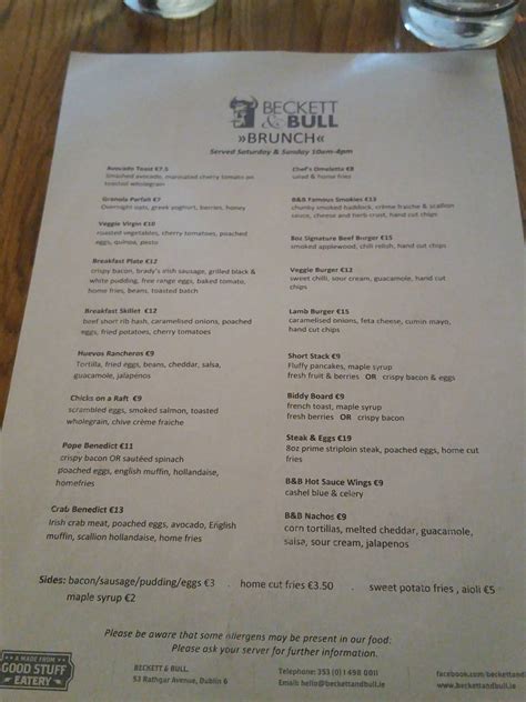 Menu At Beckett And Bull Restaurant Dublin