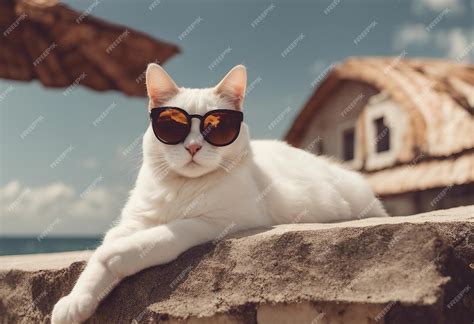 Premium Photo White Cat Wearing Sunglasses Laying On A Rock