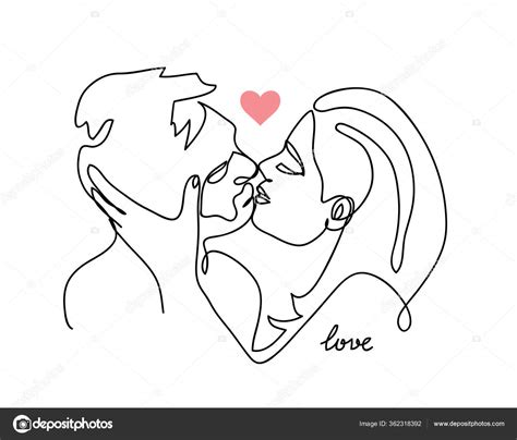 Kissing Couple Romantic Vector Sketch Text Love One Continuous Line Drawing Illustration Of