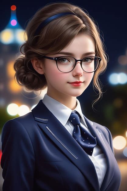 A Pretty European Girl In Suit And Glasses Is Standing On The Street At Night In Cartoon Style