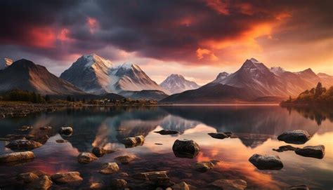 O Majestoso Pico Da Montanha Reflete Se Na Gua Tranquila Ao P R Do Sol