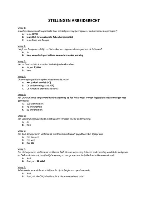 Stellingen Arbeidsrecht STELLINGEN ARBEIDSRECHT Vraag 1 In Welke