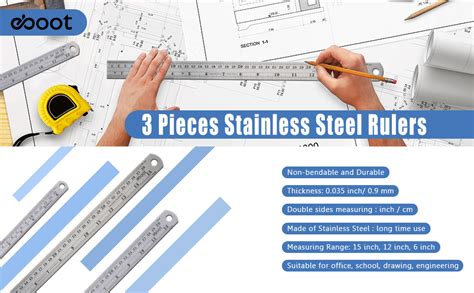 Eboot Stainless Steel Ruler Metal Ruler With Conversion Table Inch