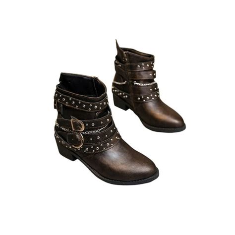 Simanlan Vintage Combat Boots For Women Goth Rivet Metal Buckle Booties