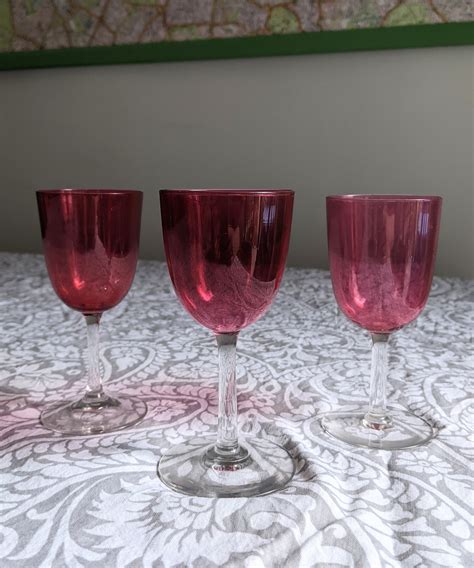 Set Of 3 Antique Victorian Cranberry Glass Wine Or Sherry Etsy