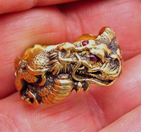 Custom 18k Gold Dragon Ring Hand Carved In Sold 18k Yellow Gold 12mm Wide With Ruby Eyes