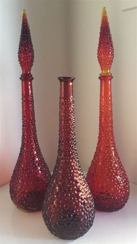 Red And Orange Vintage Glass Genie Bottles Mid Century Art Glass