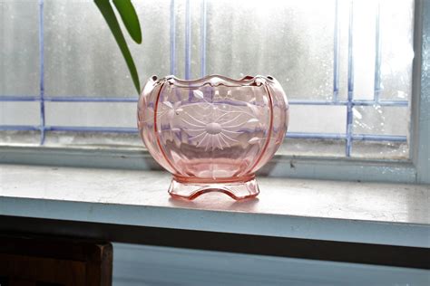 Pink Depression Glass Footed Rose Bowl Vintage 1930s Art Deco