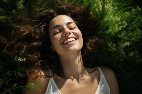 Content Smiling Relaxing Brunette On Green Grass Generate Ai Premium