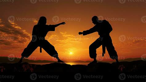 Two capoeira fighters in silhouette outdoors during sunset 27103206 ...