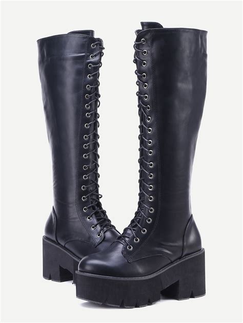 Black Pu Lace Up Platform Knee High Boots Sheinsheinside