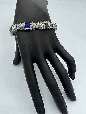 Graziano Cn Stretch Bracelet Silver Tone With Faux Sapphire Emerald