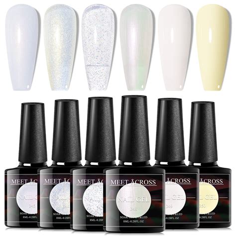 Meet Across 6 Piece White Nail Polish Set Milky White Nude Shimmer Glitter Sheer Jelly Gel