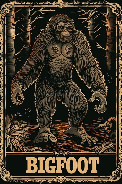 Bigfoot Poster Cryptid Art Sasquatch Card Illustration Stock