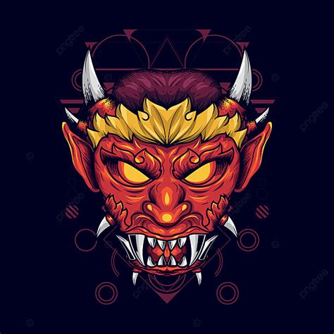 Illustration Of Devil S Head With Sharp Horns And Fangs In Bright Red Looks Scary But Still ...