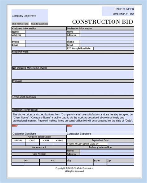 Construction Project Bid Proposal Form Template Simple Minimal Editable ...