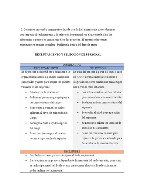 Cuadro Comparativo Pdf Gestión De Recursos Humanos Reclutamiento