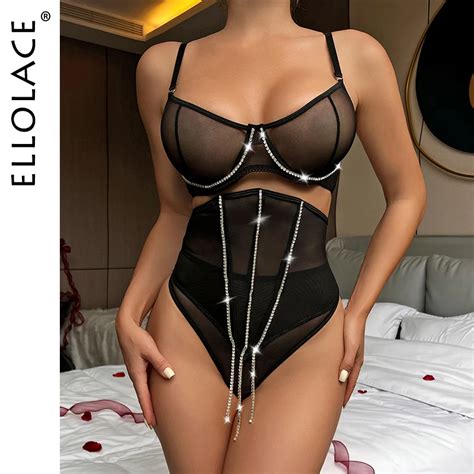 Ellolace Rhinestone Lingerie With Waistband Sheer Lace Sensual