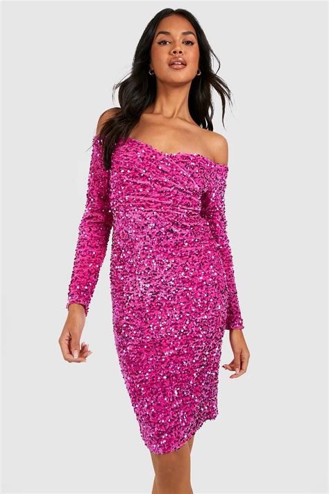 Womens Sequin Off The Shoulder Midi Party Dress Boohoo Uk