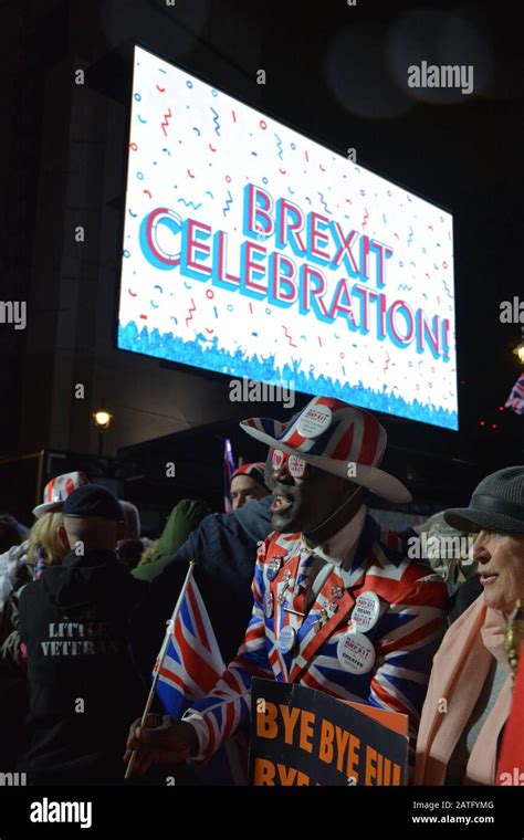 Nigel Farage Of Young Appears On The Brexit Celebration Screen During