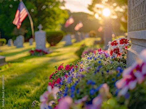reflective memorial day scene   national cemetery adorned